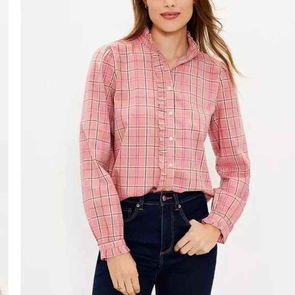 LOFT Women's Plaid Ruffle Long Sleeve Button Down Shirt Pink - Picture 3 of 10